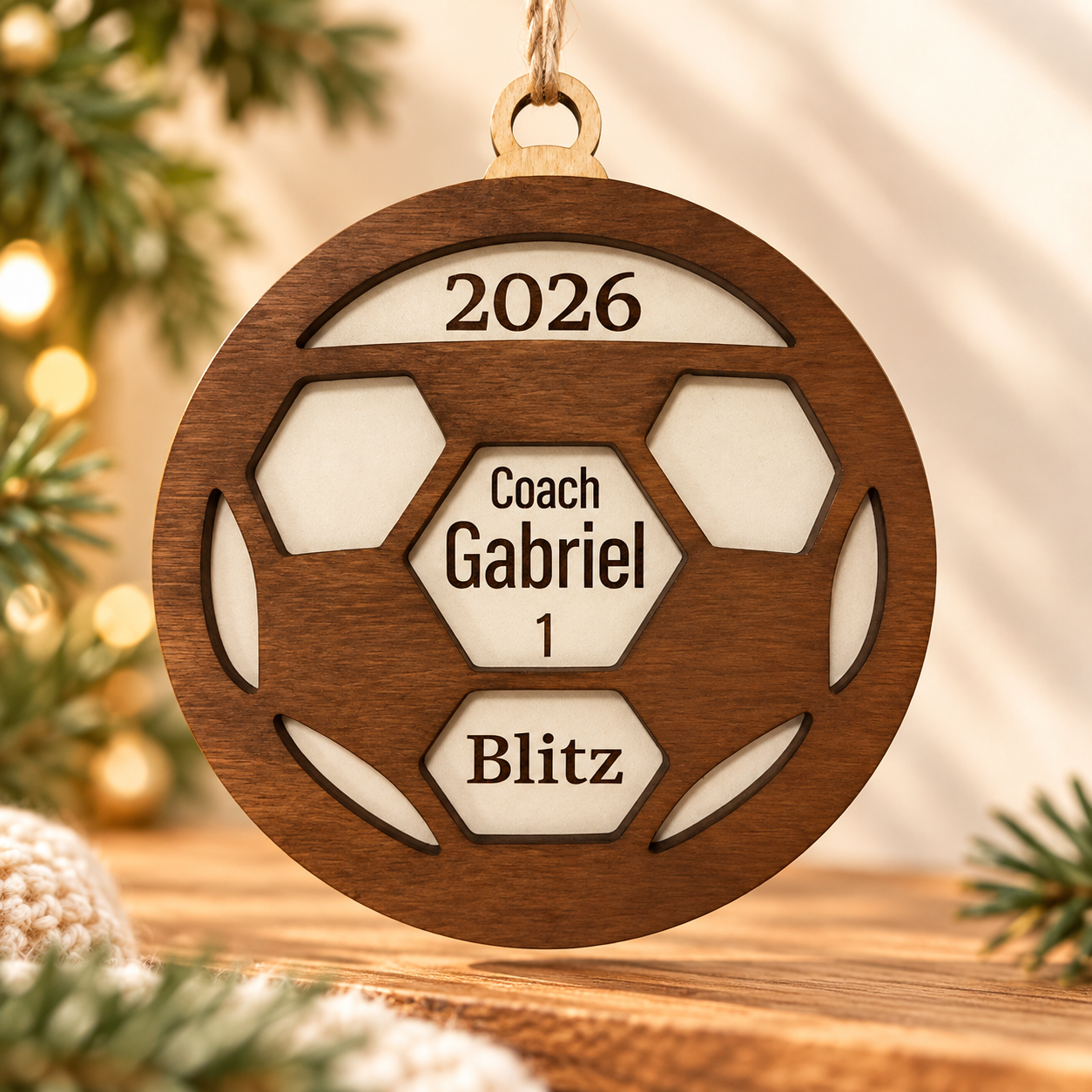 Personalized wooden soccer Christmas ornament with custom player name number and year