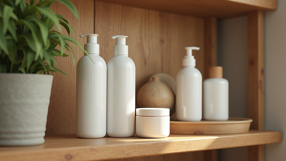 Close-up view of natural hair care products arranged on a wooden shelf