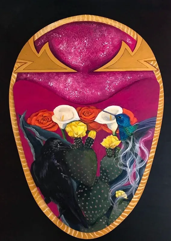 Inverted golden egg shape composition. Inside the shape are flowers and a red landscape.