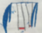 Oil pastel drawing of a swing set with blue poles and a red seat.