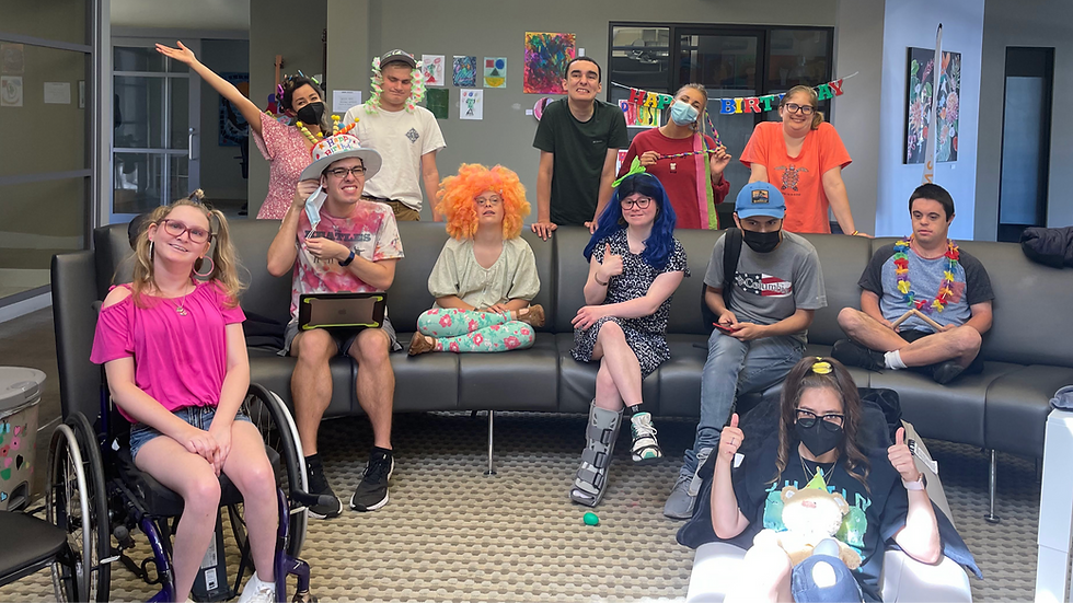 Left to Right: Sarah Shaw, Max Lecanu-Fayet, Liam Porter, Claire Feth, Sam Beyer, Kaitlyn Johanson, Juan Marcos, Stephanie Monis, Jillian Anderson, Santiago Milanino. Artist at San Diego Able ARTS Work dressed in funny costumes for birthday party