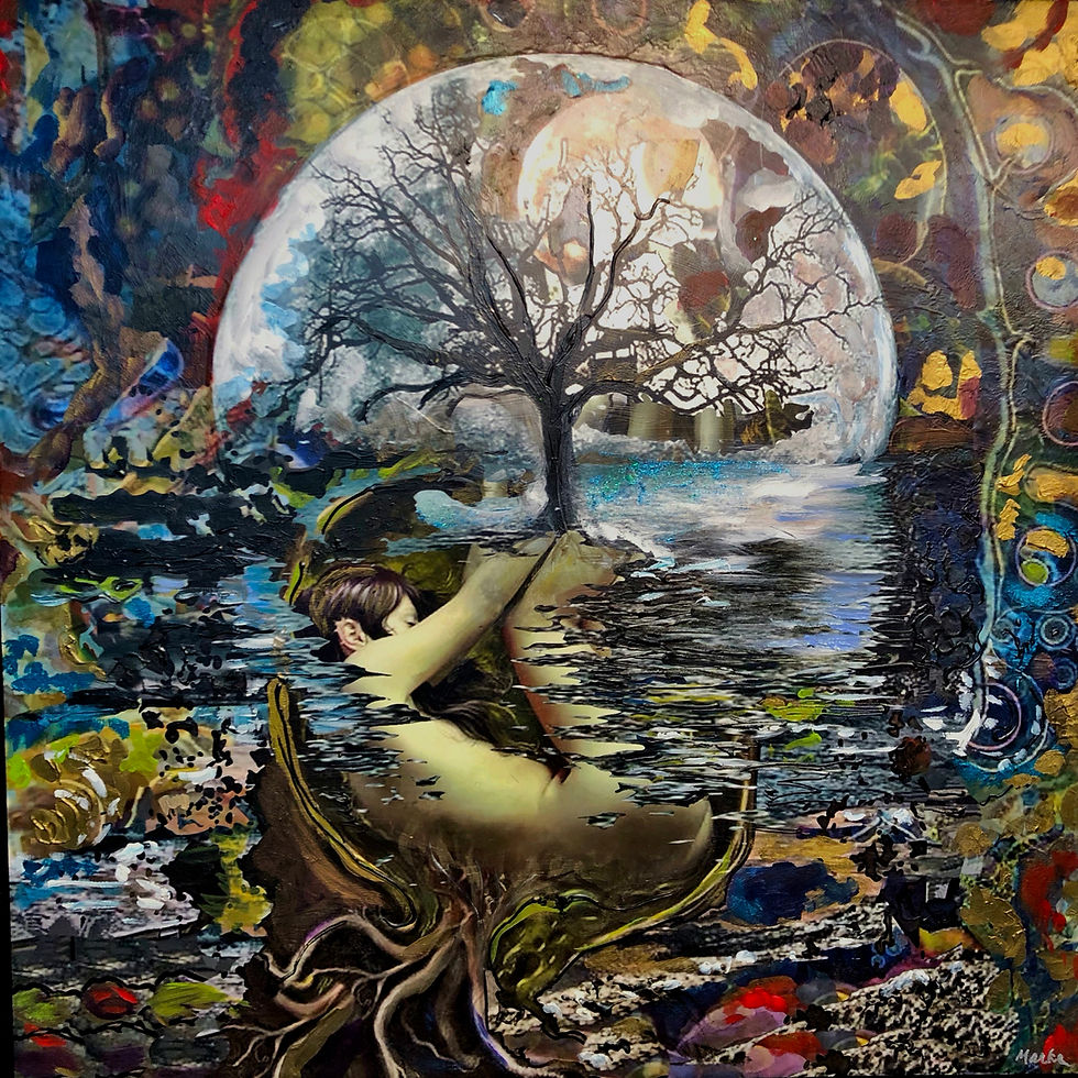 Mixed Media Painting by Marka Burns. Woman in fetal position in foreground with tree growing above her. Large full moon is in background.