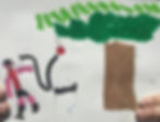 Oil pastel drawing of Cristian in a red outfit bouncing a red ball under a large tree. The ball has black lines trailing behind it to indicate the bounces.