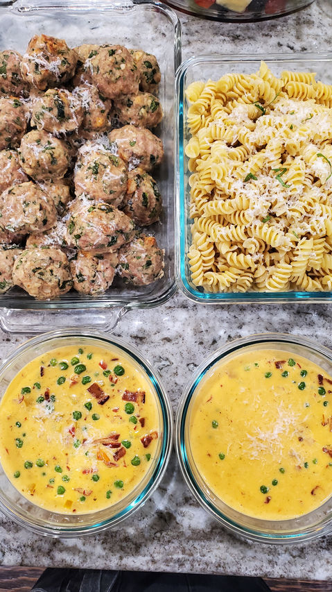 Rollatini Pasta. Pancetta. Pecorino. Carbonara Sauce. Fresh Herb Pork and Beef Meatballs. Private Chef. PreppedUP! Meal Prep.