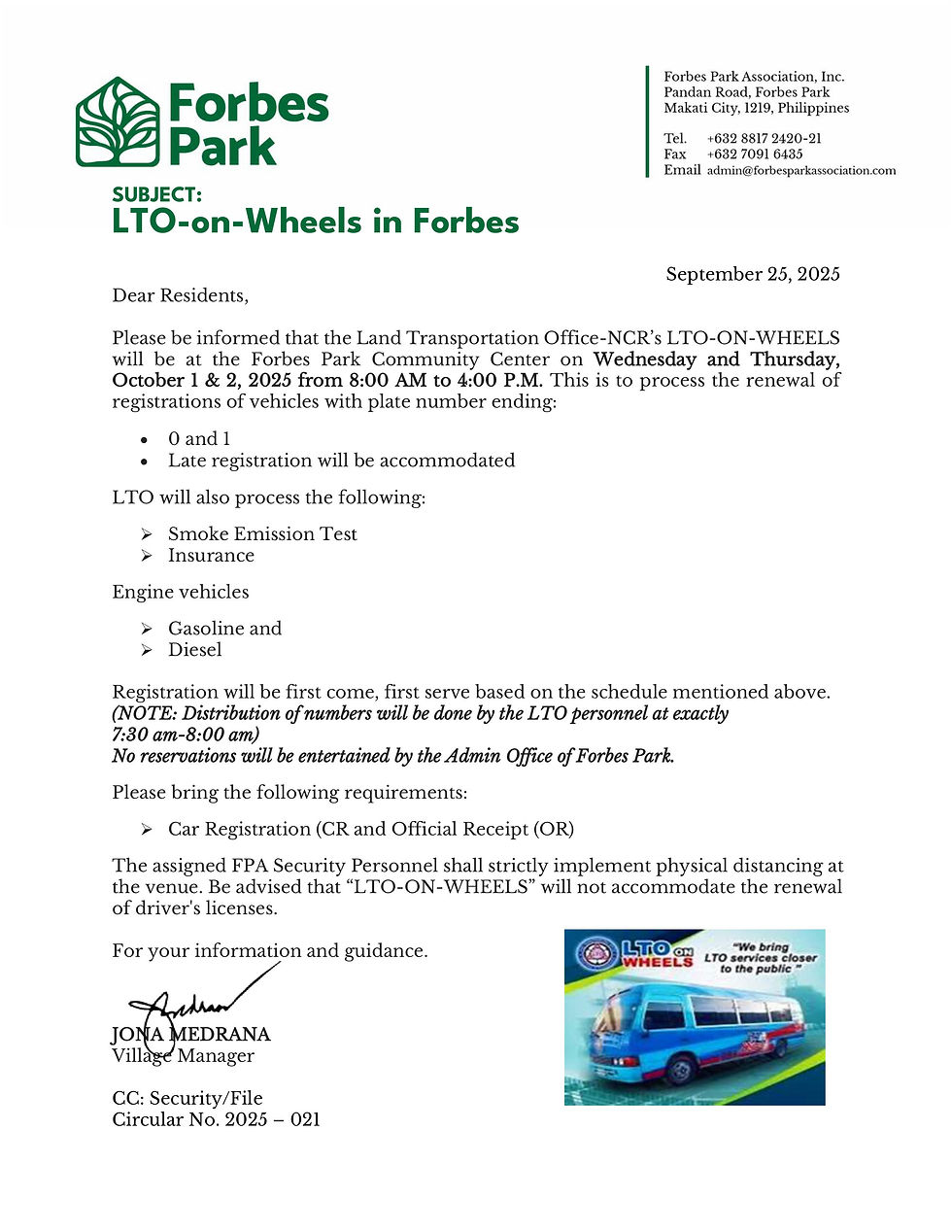 "LTO-on-Wheels Event Scheduled at Forbes Park for Vehicle Registration Renewal on October 1 & 2, 2025, from 8:00 AM to 4:00 PM. Services include Smoke Emission Test and Insurance for vehicles with plate numbers ending in 0 and 1. First come, first served."