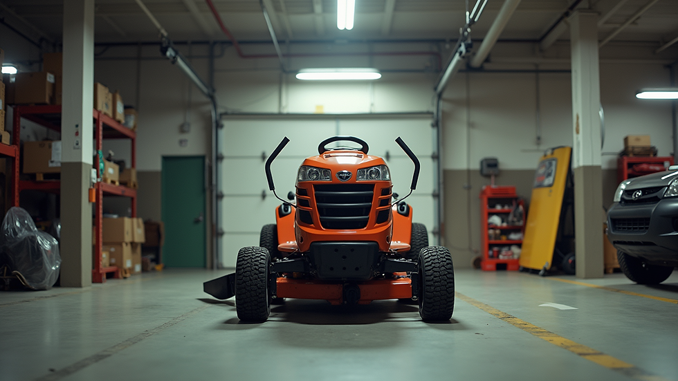 Eye-level view of a ride-on mower parked in a clean garage