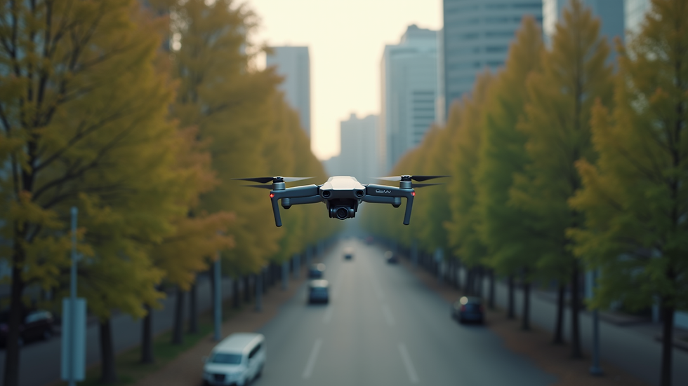 eye-level view of drone flying over urban park