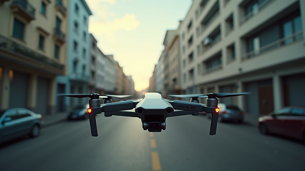 Eye-level view de drone sendo preparado para voo em área urbana