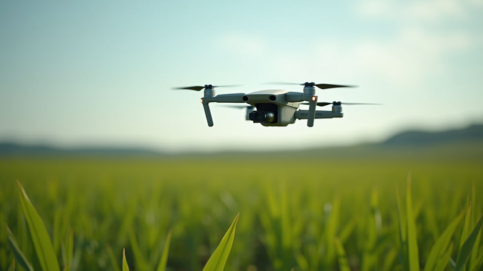 Eye-level view of a drone flying over a green field