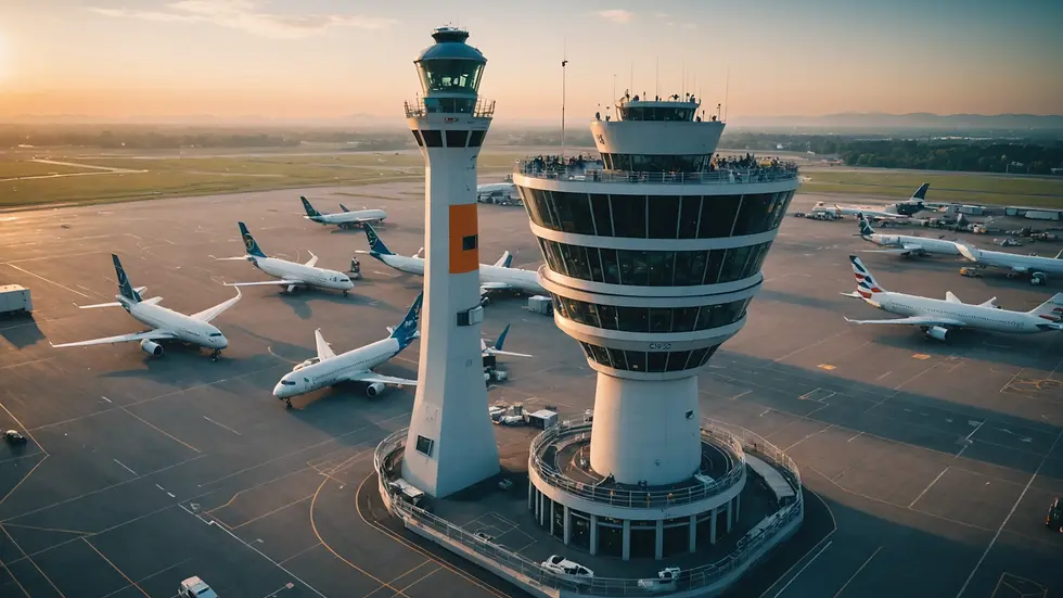 Wide angle view of a busy air traffic control tower