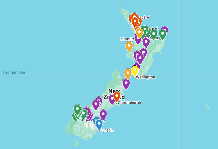 A Google map of Aotearoa New Zealand with many multi-colored pins dropped throughout the North and South Islands.