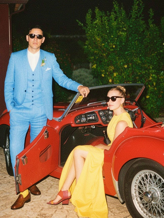 Groom in a light blue suit beside a red vintage convertible, editorial fashion wedding photography Portugal