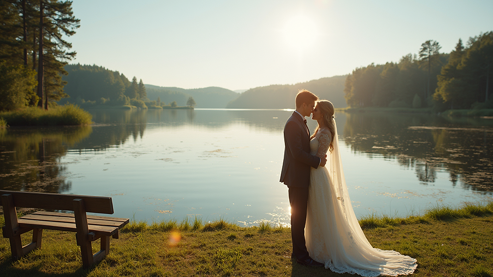 High angle view of a serene lakeside wedding setup