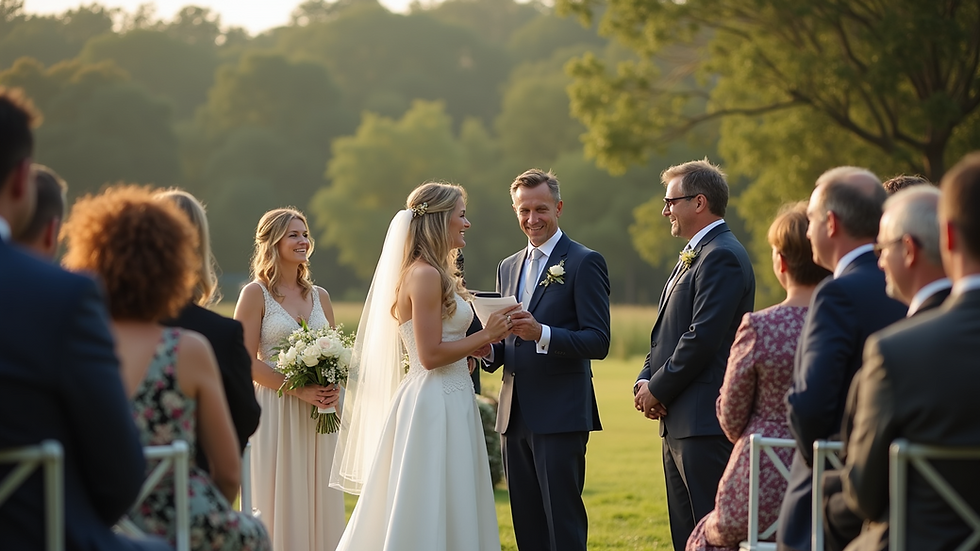 Eye-level view of a celebrant speaking warmly at an outdoor ceremony