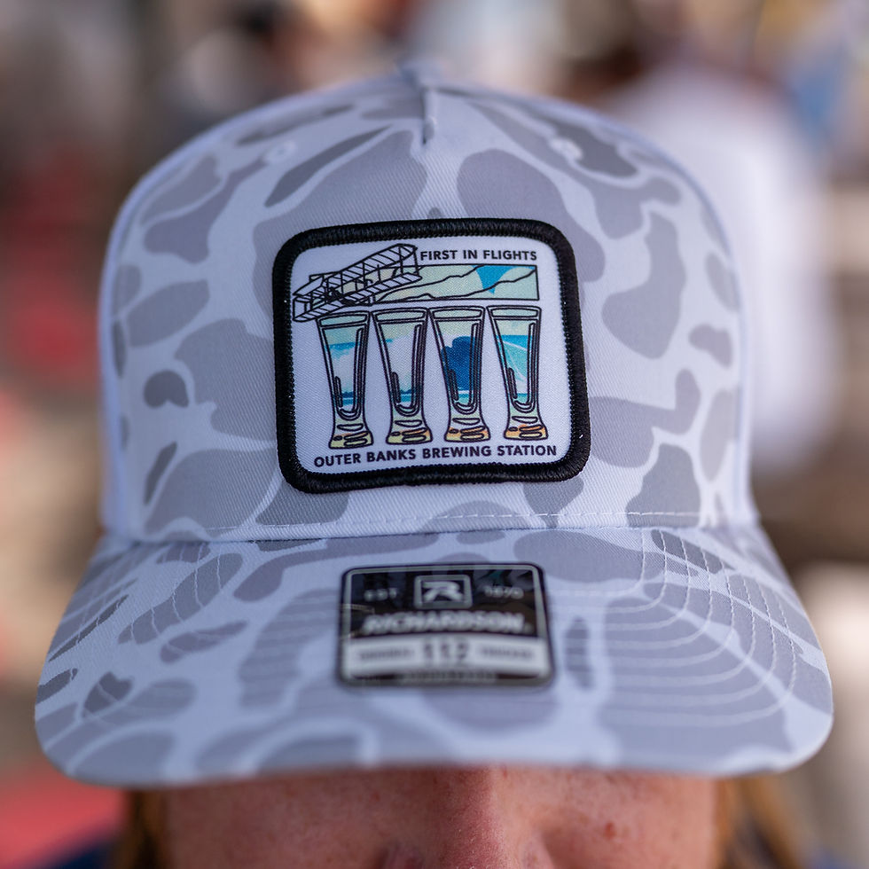 Thumbnail: Camo hat with Beer Guy OBBS Sticker patch and four glasses.