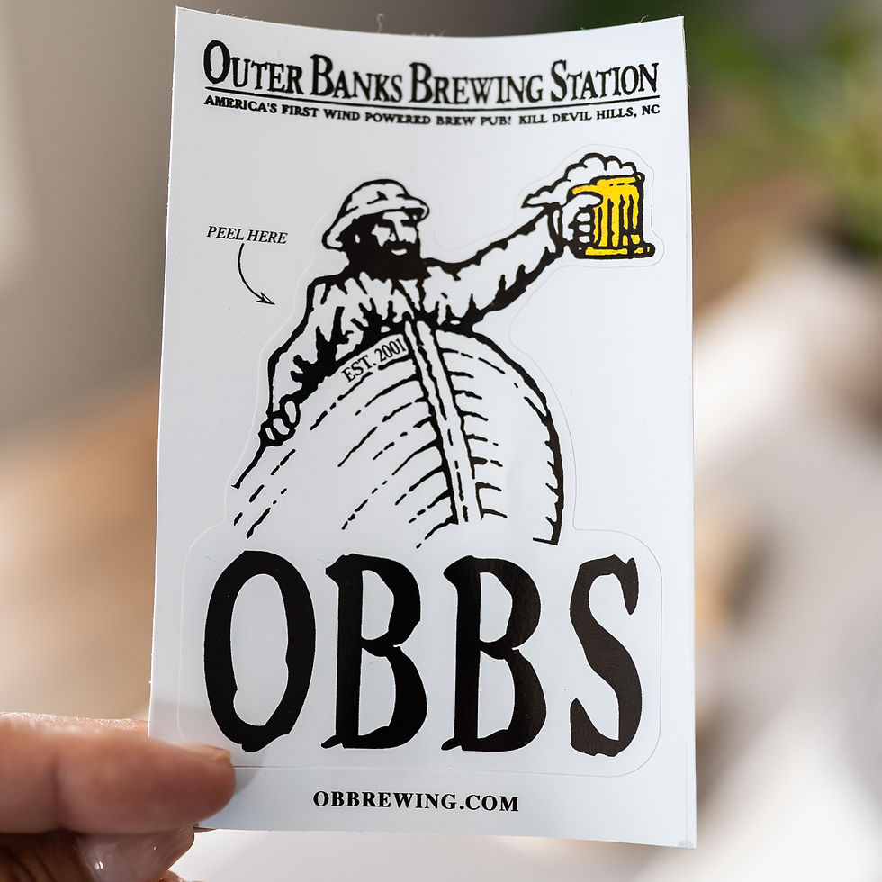 Outer Banks Brewing Station sticker with beer guy and OBBS