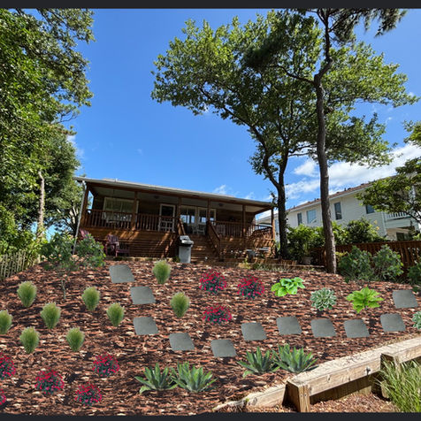 Updated sloped front yard landscape design with plants and pavers