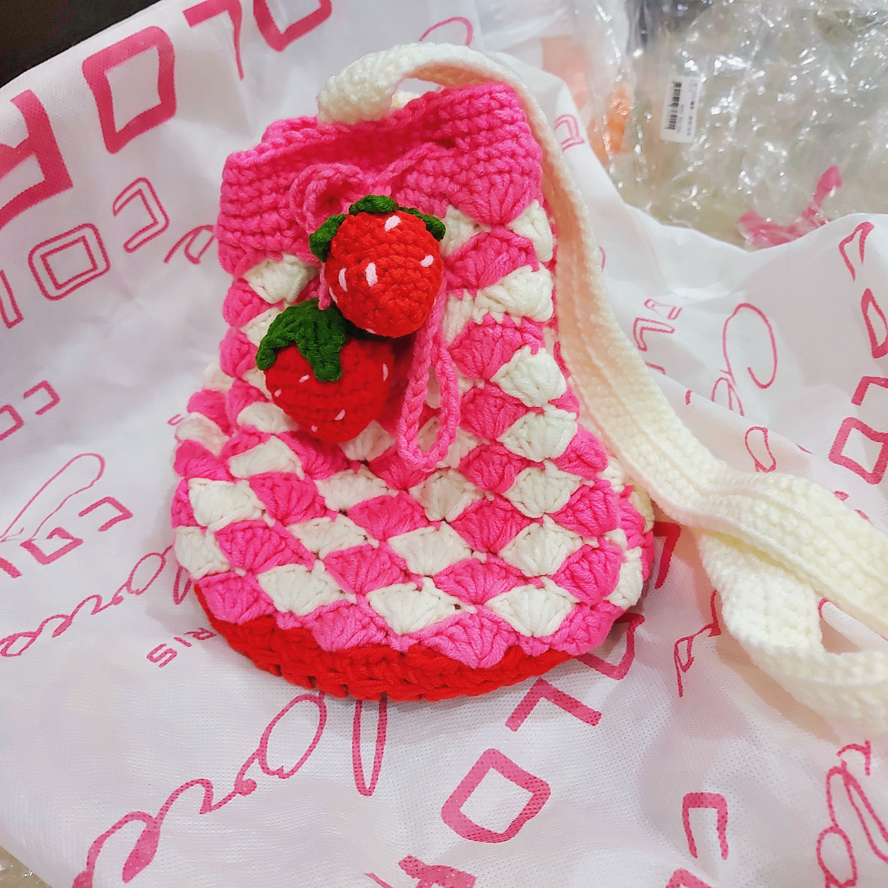 Pink White Plaid Strawberry Bag