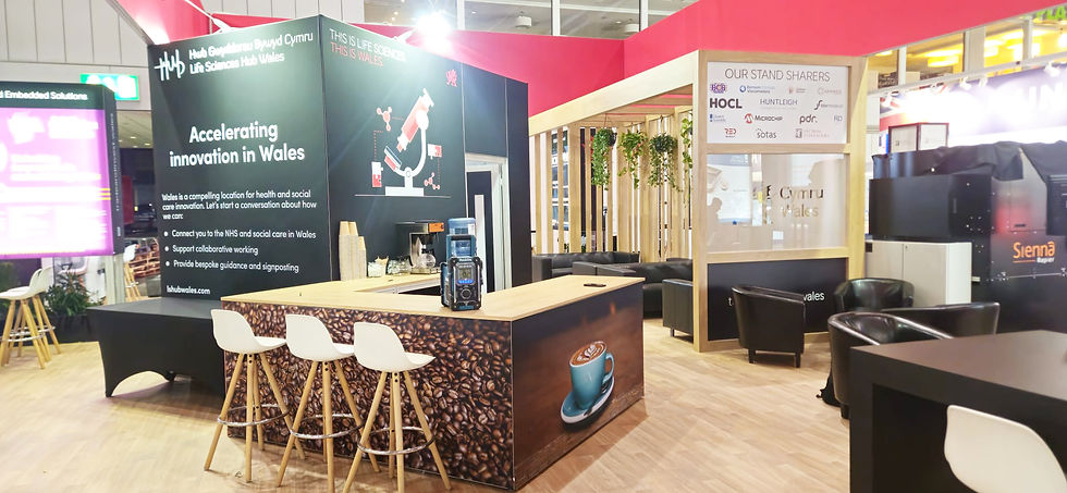 Welsh Goverment exhibition stand at Medica Trade Show in Germany, showing large graphics, bar area with seating.