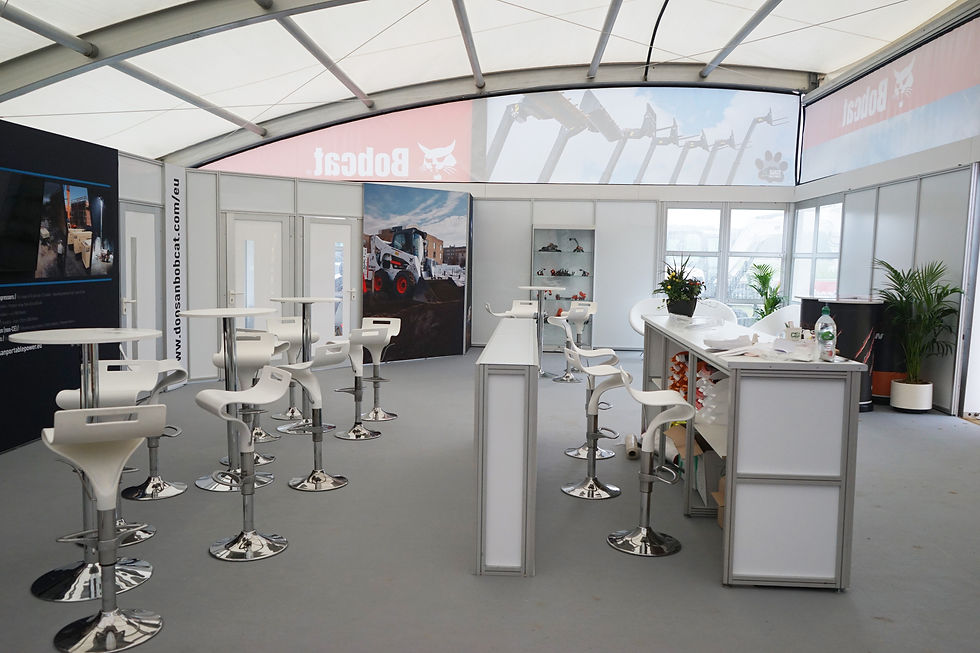 A single deck stand for Doosan at Plantworx. The stand included large graphics, reception counter and seating areas and showcased products.