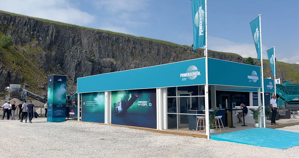 Powerscreen at Hillhead external showing large graphics and printed towers
