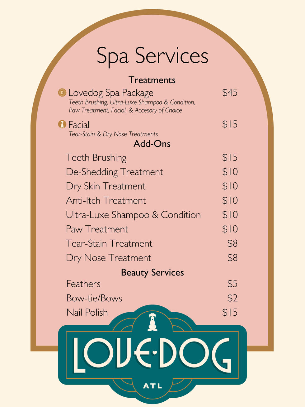 Spa services menu design created for Love Dog