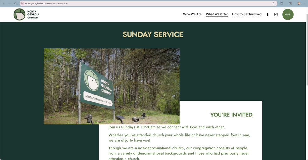 Sunday service information page with location and visitor details