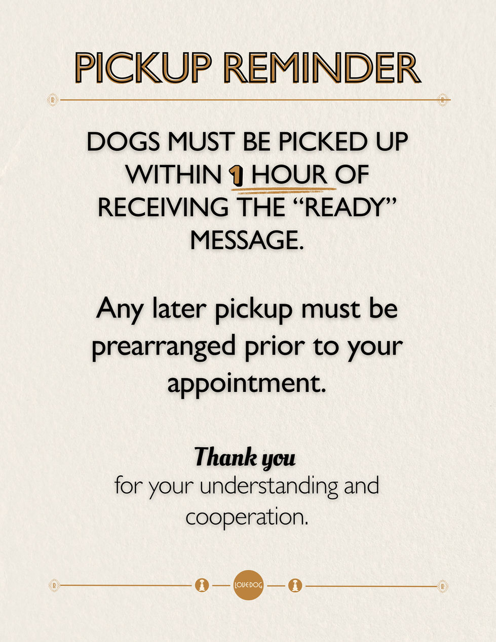 Customer pickup reminder card designed for Love Dog grooming services