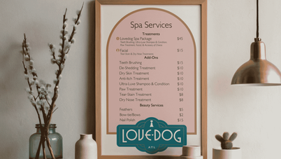 a framed poster displays a beautifully designed service menu for a dog grooming salon called Lovedog