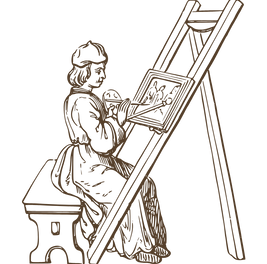 Artist painting at an easel in a vintage woodcut style