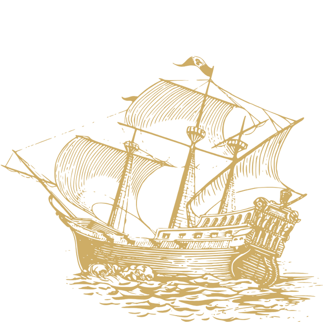 A triple-masted ship at sea in a vintage woodcut-style