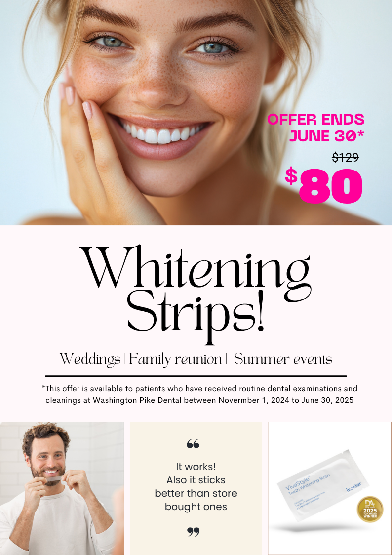 a young woman smiling. a man standing in front of a mirror to try a whitening whitening strip.