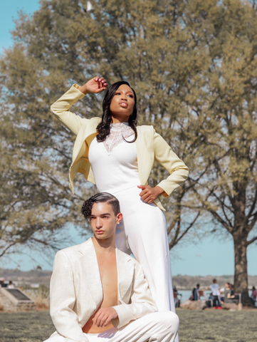 Editorial portrait of two people in white and gold outfits posing outdoors in Washington DC — creative portrait session Huen Photography