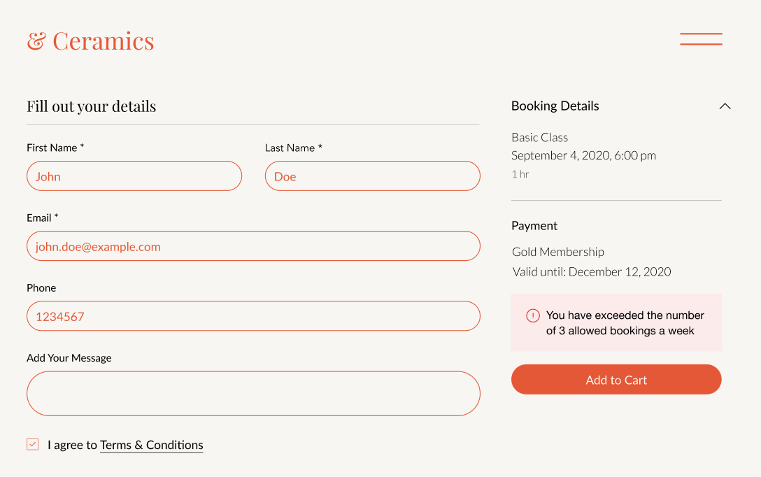 Limit the number of bookings per contact in a week with ECOM Validations SPI