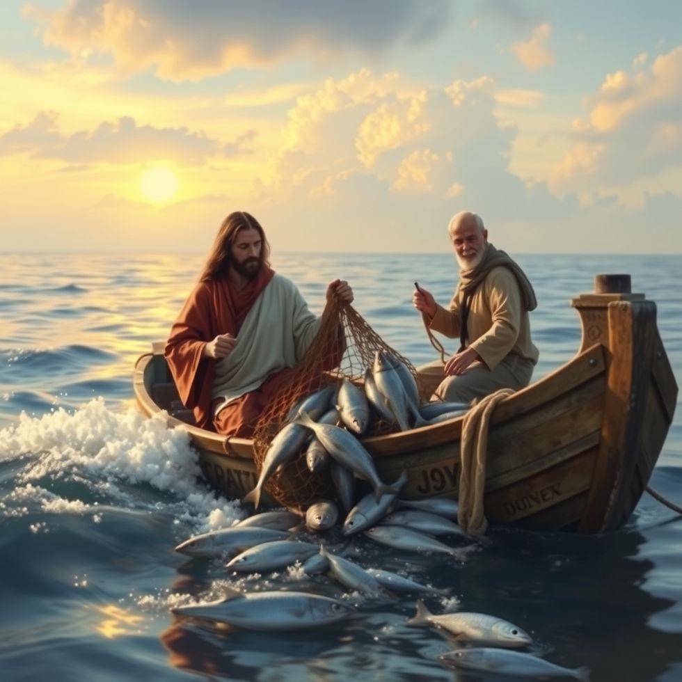 Jesus with his disciple Simon Peter on a fishing boat with nets full of fish