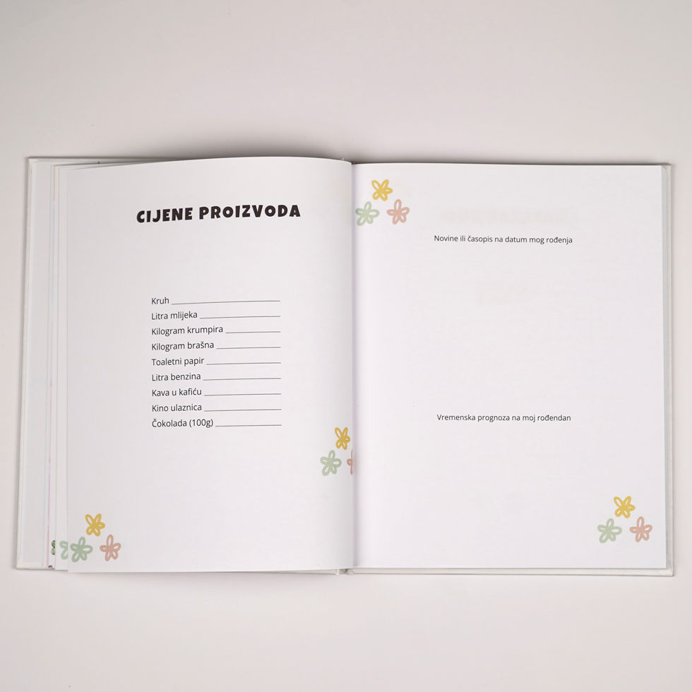 Knjiga uspomena Hello Baby, stranica s cijenama proizvoda na dan rođenja, posebna ideja za babinje