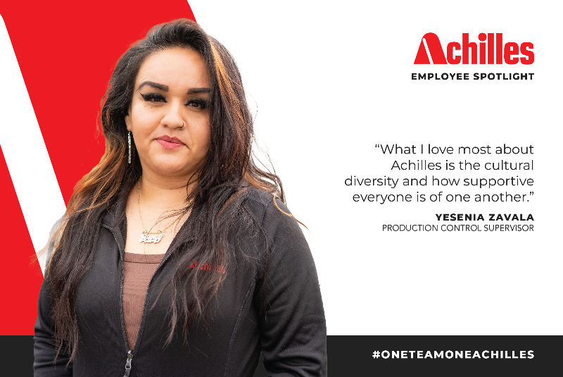 Yesenia in a dark jacket with a red Achilles logo stands against a red and white background. Text highlights cultural diversity and support at Achilles.
