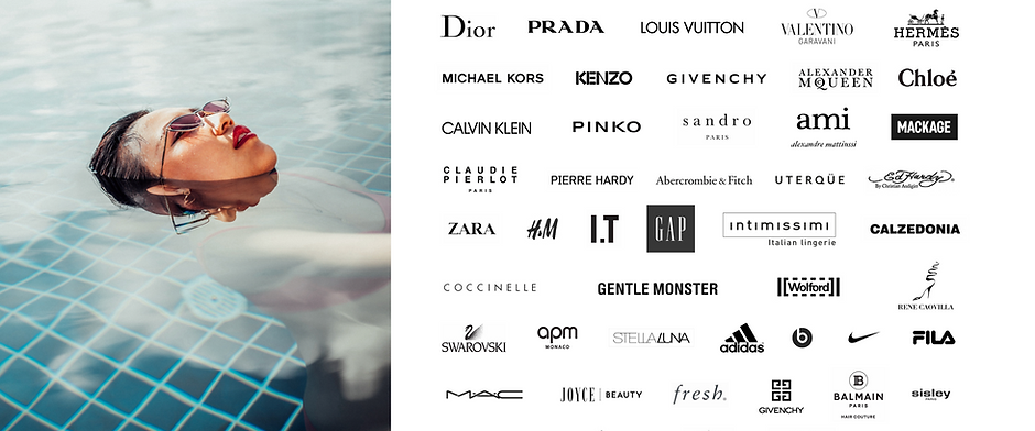 Brand logos of luxury fashion, sportswear, and lifestyle companies Camilla Wang has collaborated with, including Dior, Louis