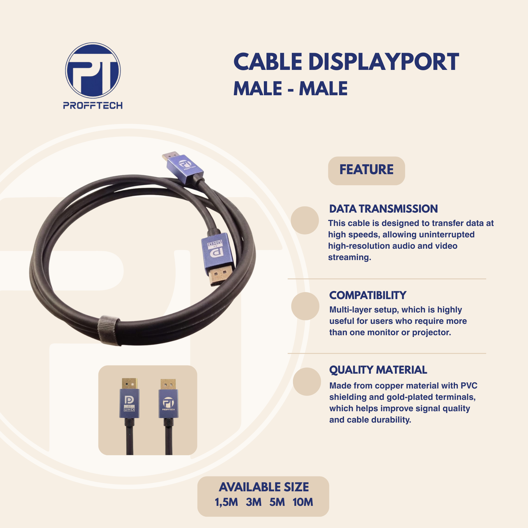 PROFFTECH DisplayPort Cable (Male to Male)
