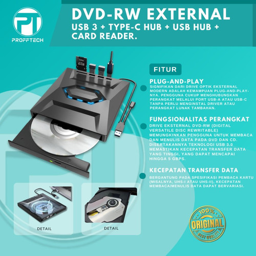 DVD-RW EXTERNAL USB 3 + TYPE-C HUB + USB HUB + CARD READER. ProffTech ...