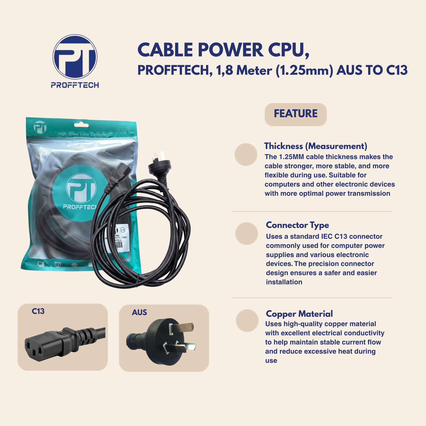 CABLE POWER CPU PROFFTECH (1.25mm) AUS TO C13 - 1.8M