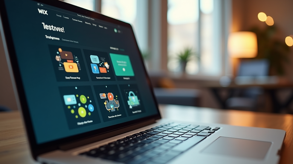 Close-up view of a laptop screen showing animated UI elements on a Wix website