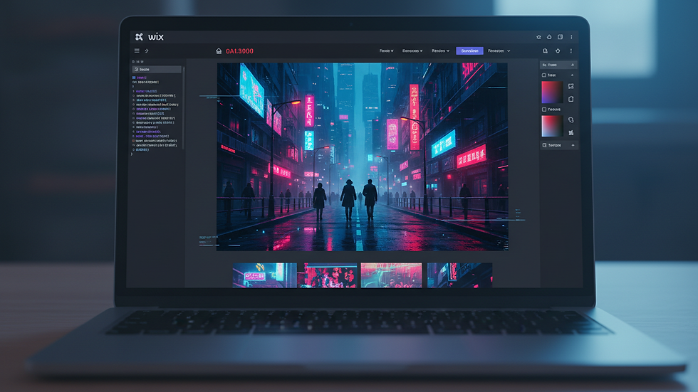 Eye-level view of a laptop screen showing a Wix website editor with code and design elements