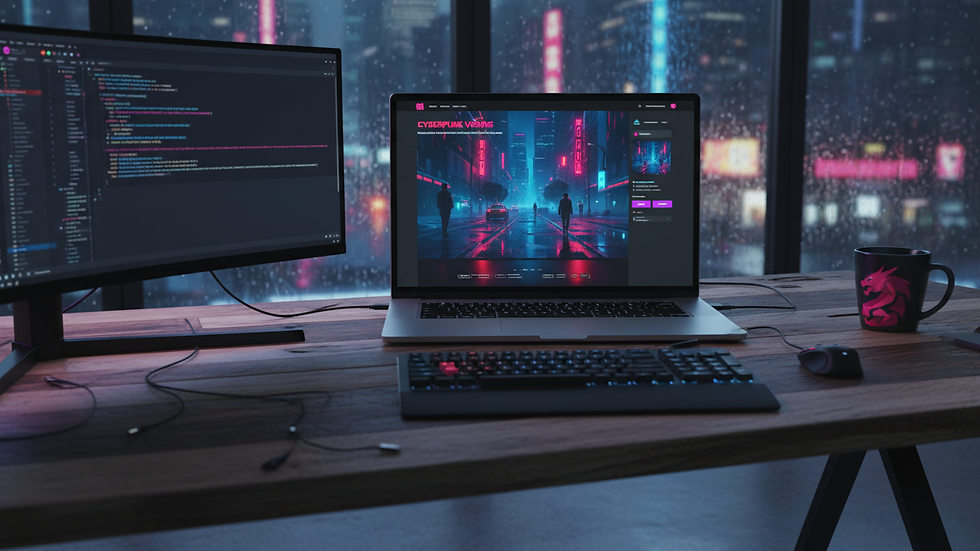 Eye-level view of a modern workspace with a laptop showing a website editor