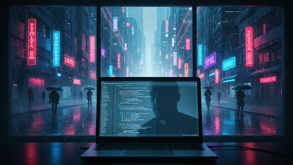 Eye-level view of a laptop screen showing code editor with JavaScript code