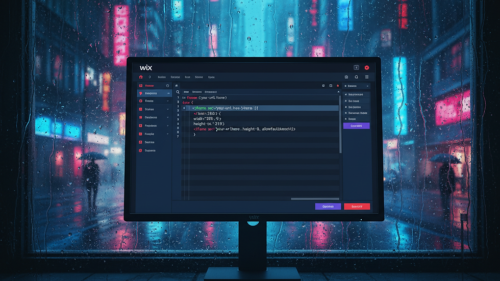 Close-up view of a computer screen showing HTML iframe code in Wix Editor