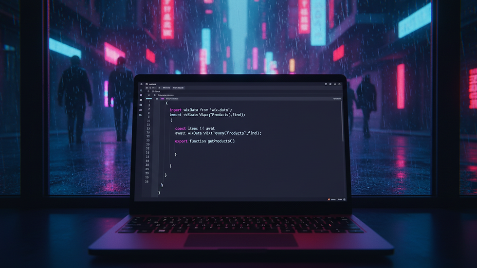 Eye-level view of a laptop screen showing code editor with Velo code
