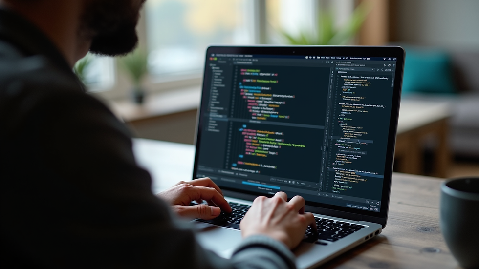 Eye-level view of a developer working on a laptop with Wix code editor open