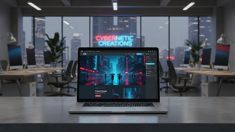 Eye-level view of a modern office workspace with a laptop displaying a Wix website editor