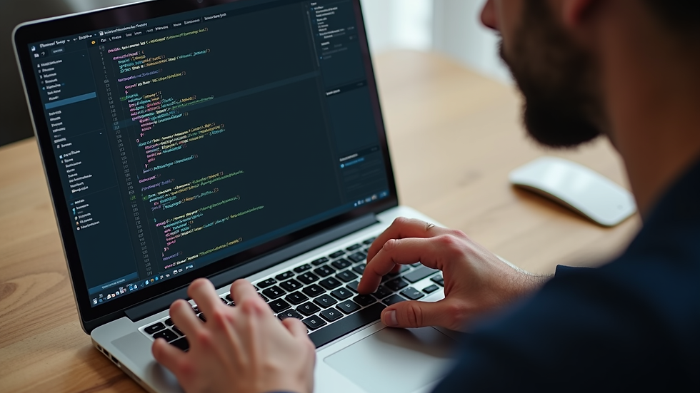 High angle view of a developer writing custom code for Wix on a laptop